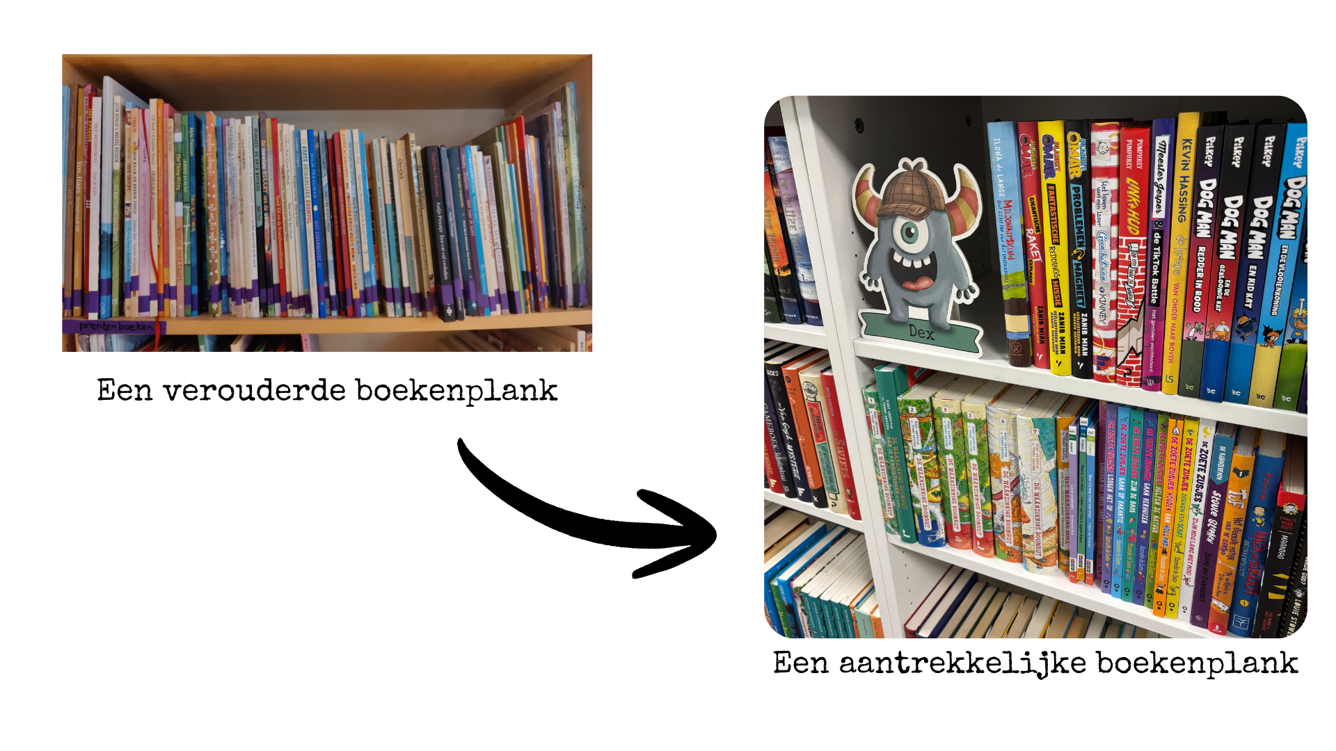 Een verouderde boekenplank en nieuwe boekenplank
